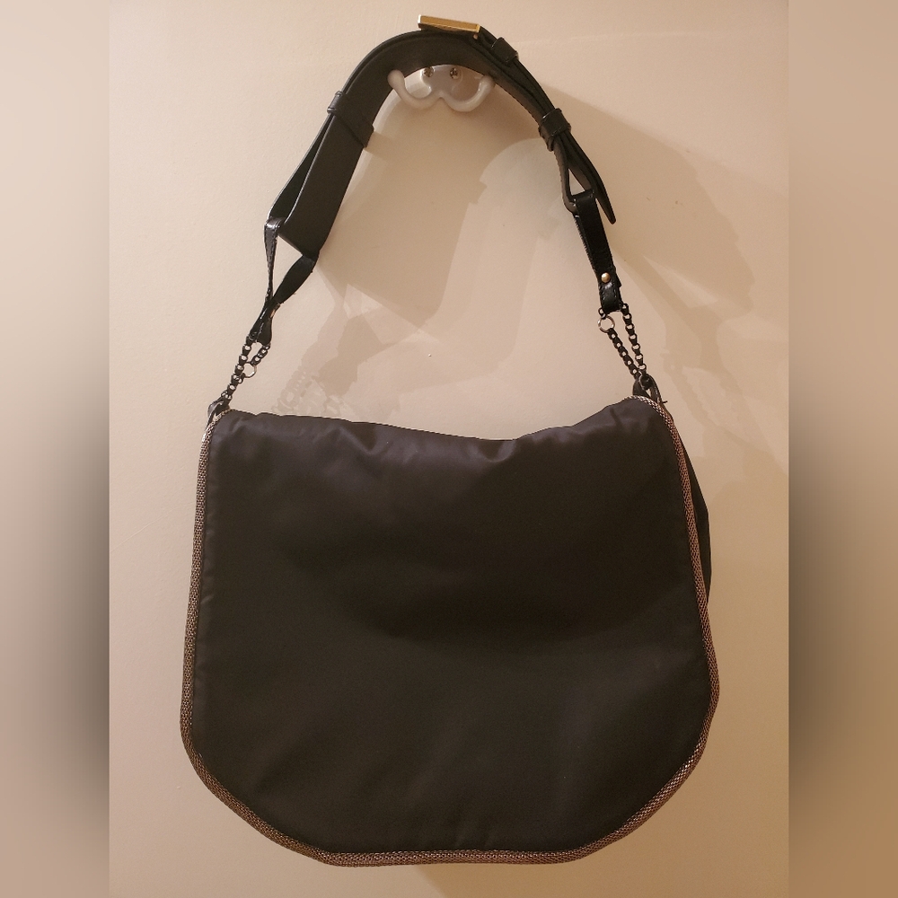 Stuart Weitzman Black Nylon Flap/ Gold Metallic hobo purse bag